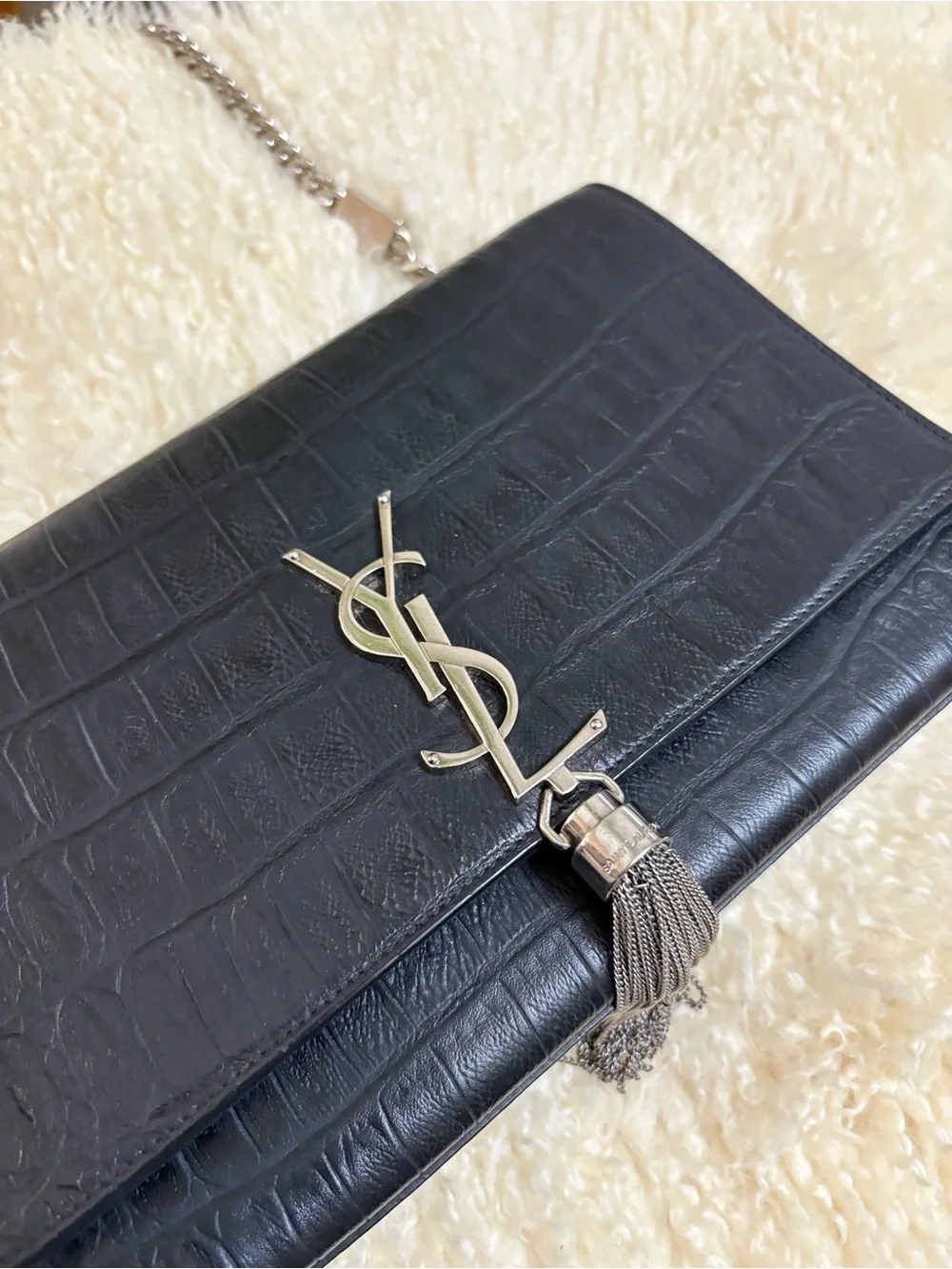 YSL Calfskin Crocodile Embossed Medium Classic Monogram Kate TasselSatchel Black
